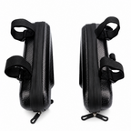 Two views of a black bicycle frame bag with a carbon-fiber-look textured shell and adjustable black straps, shown on a plain white background.