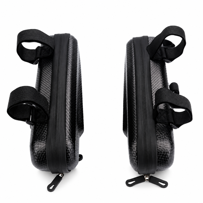 Two views of a black bicycle frame bag with a carbon-fiber-look textured shell and adjustable black straps, shown on a plain white background.