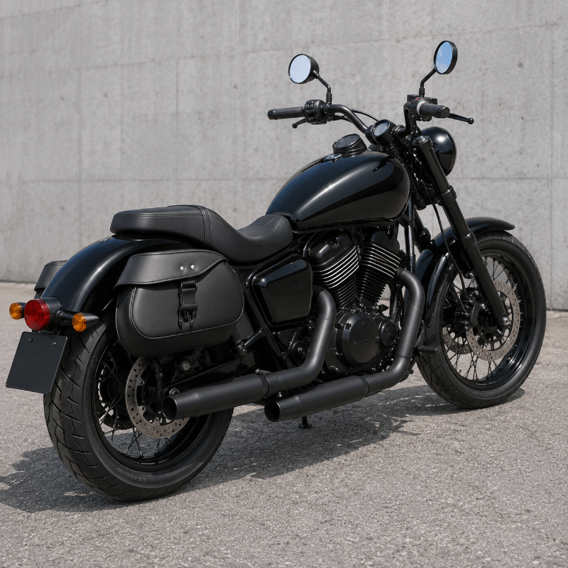A black cruiser motorcycle parked outdoors against a light gray concrete wall, shown from a three-quarter rear angle.