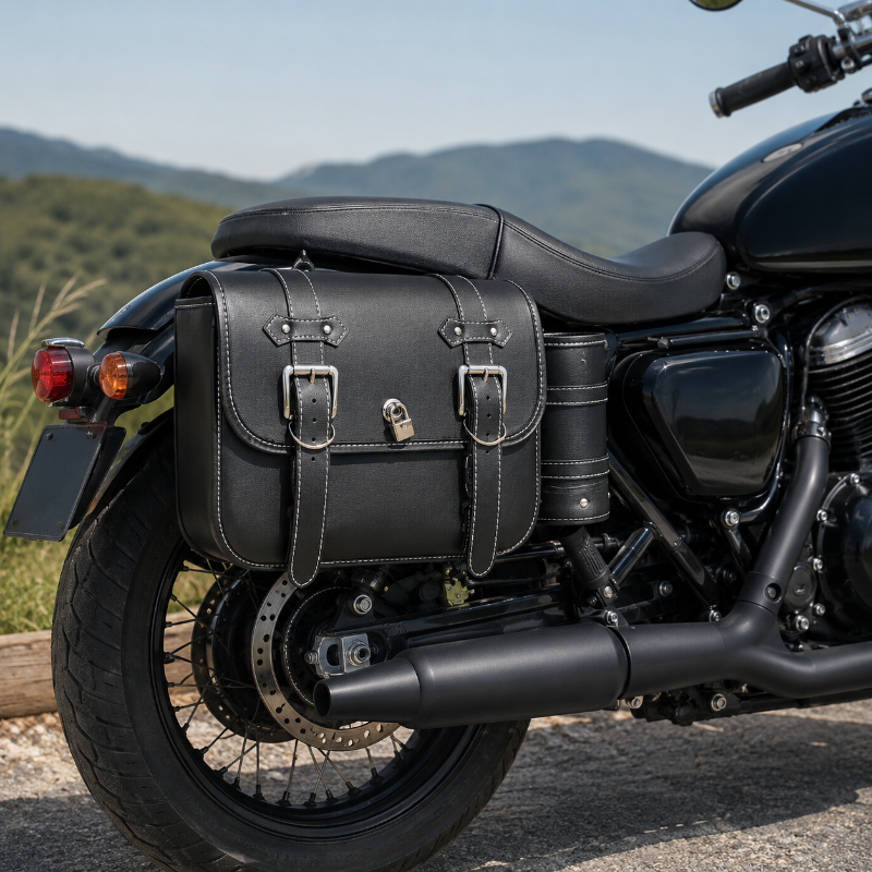 Black leather motorcycle saddlebags with silver buckles and a small lock, shown mounted on the rear of a black motorcycle outdoors with hills in the background.