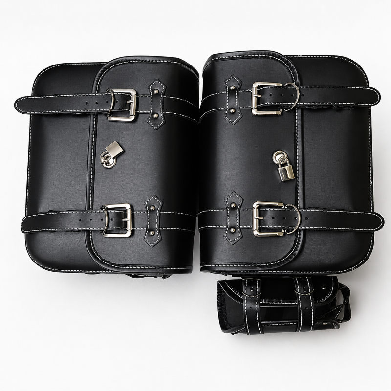 A pair of black leather motorcycle saddlebags with silver buckles, a zip closure, and a small lock, displayed on a clean white background.