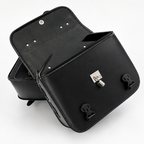 Black leather motorcycle saddlebag with an open zippered main compartment, a zippered side pocket, and a silver metal latch, shown on a white background.