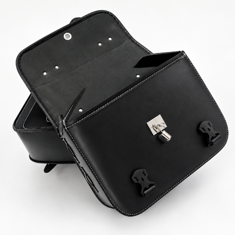 Black leather motorcycle saddlebag with an open zippered main compartment, a zippered side pocket, and a silver metal latch, shown on a white background.