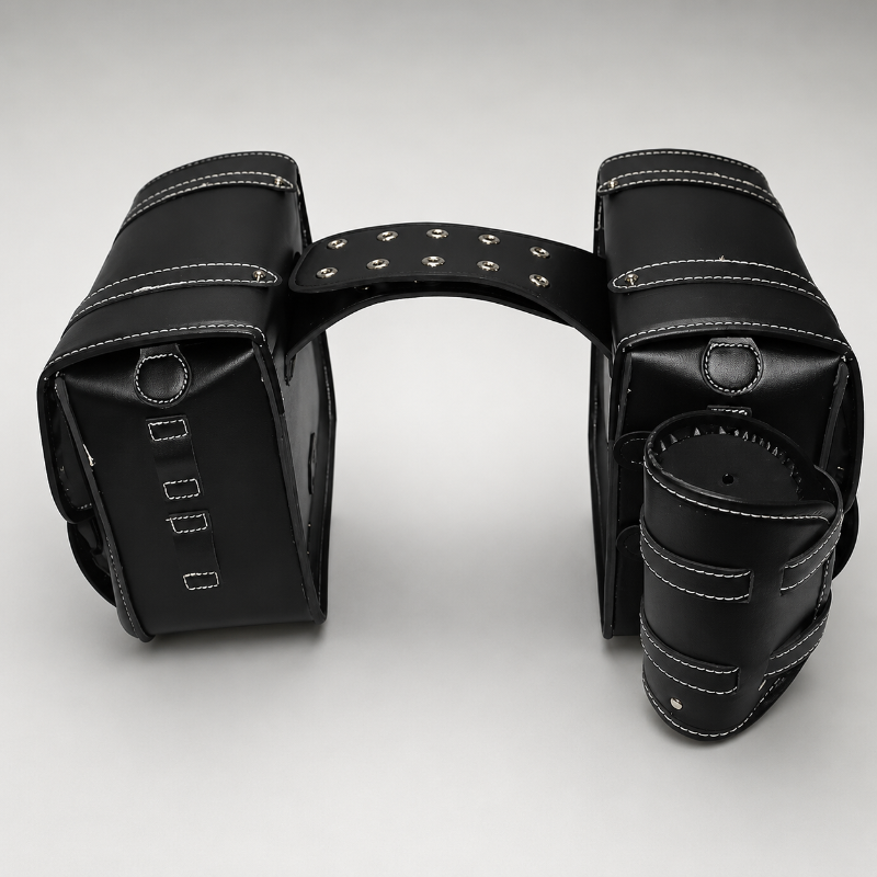 Black faux leather motorcycle saddlebags with white contrast stitching and silver studs, shown on a light gray background.