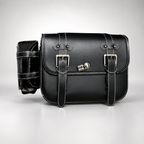 Black leather motorcycle saddle bag with silver buckles, white contrast stitching, and a matching black leather shoulder strap, shown on a light gray background.