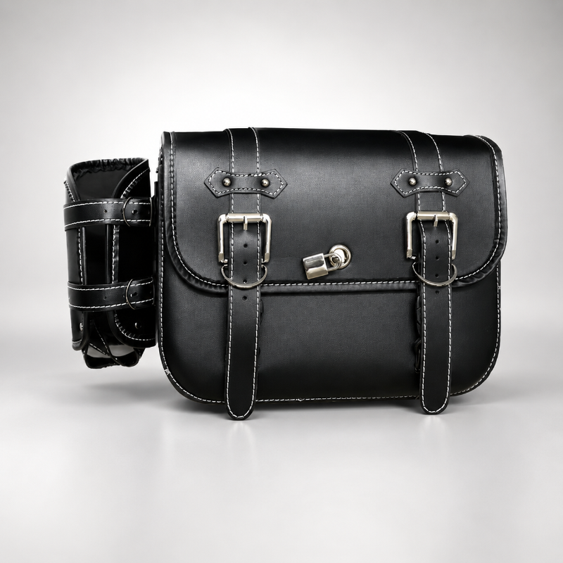 Black leather motorcycle saddle bag with silver buckles, white contrast stitching, and a matching black leather shoulder strap, shown on a light gray background.