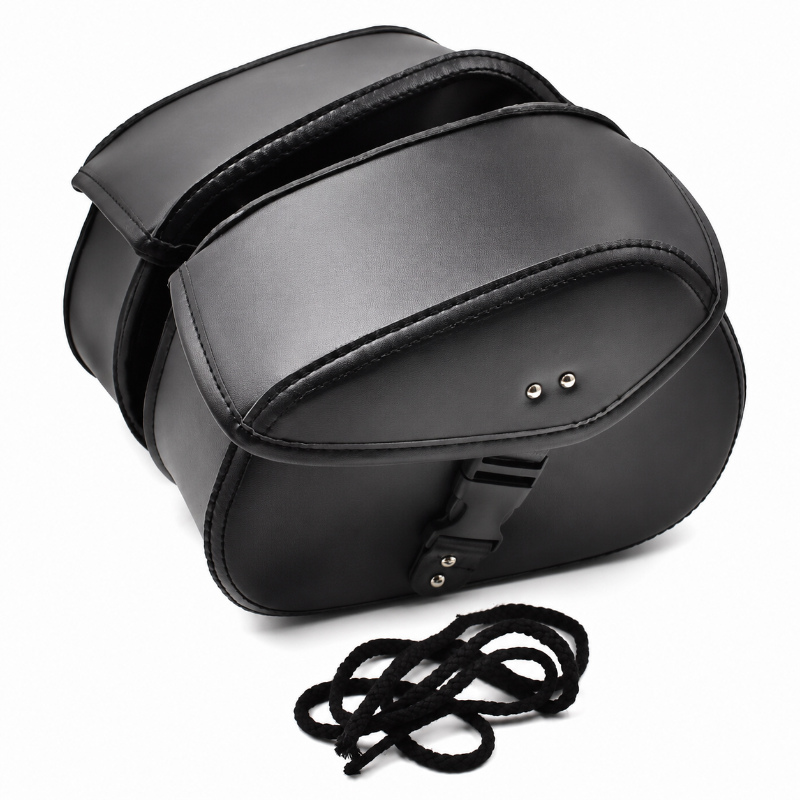 Black motorcycle saddle bag with a matching black braided strap, shown on a clean white background.