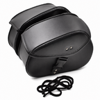 Black motorcycle saddle bag with a matching black braided strap, shown on a clean white background.