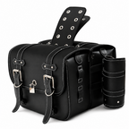 Black faux leather motorcycle saddle bag with silver buckles, white contrast stitching, and a matching black leather belt with silver grommets, shown on a white background.