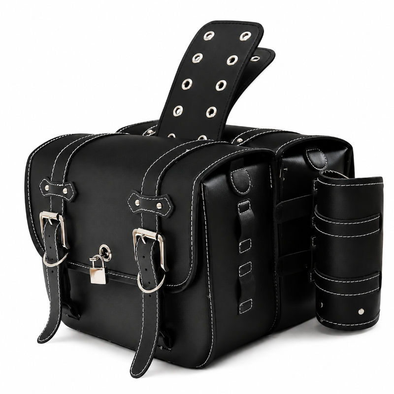 Black faux leather motorcycle saddle bag with silver buckles, white contrast stitching, and a matching black leather belt with silver grommets, shown on a white background.