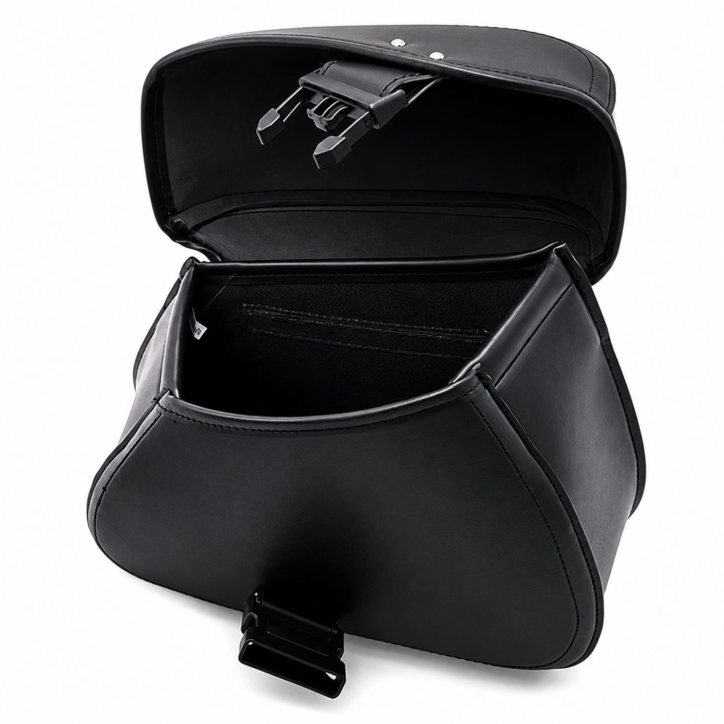 A black leather motorcycle saddle bag shown open to display its interior storage space, buckle closure mechanism, and interior pocket, set against a plain white background.