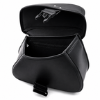 A black leather motorcycle saddle bag shown open to display its interior storage space, buckle closure mechanism, and interior pocket, set against a plain white background.