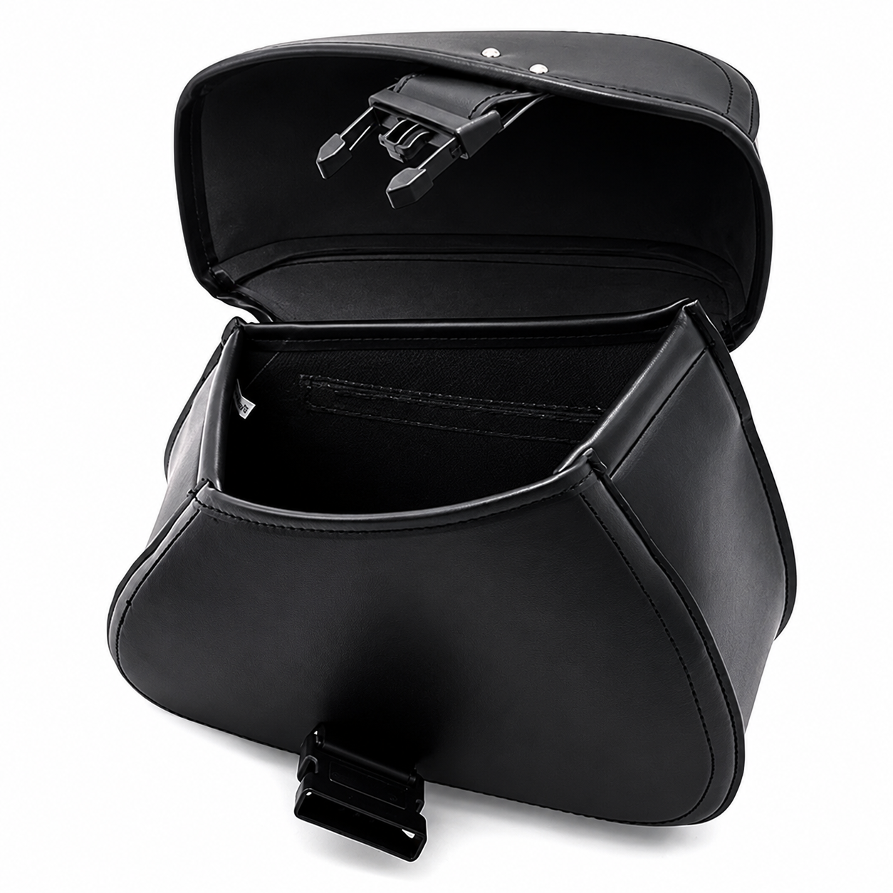 A black leather motorcycle saddle bag shown open to display its interior storage space, buckle closure mechanism, and interior pocket, set against a plain white background.