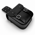 Black leather motorcycle saddle bag with silver buckle closures and metal grommets, shown on a clean white background.