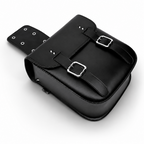 Black leather motorcycle saddle bag with silver buckle closures and metal grommets, shown on a clean white background.