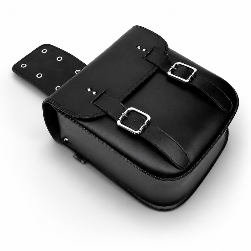 Black leather motorcycle saddle bag with silver buckle closures and metal grommets, shown on a clean white background.