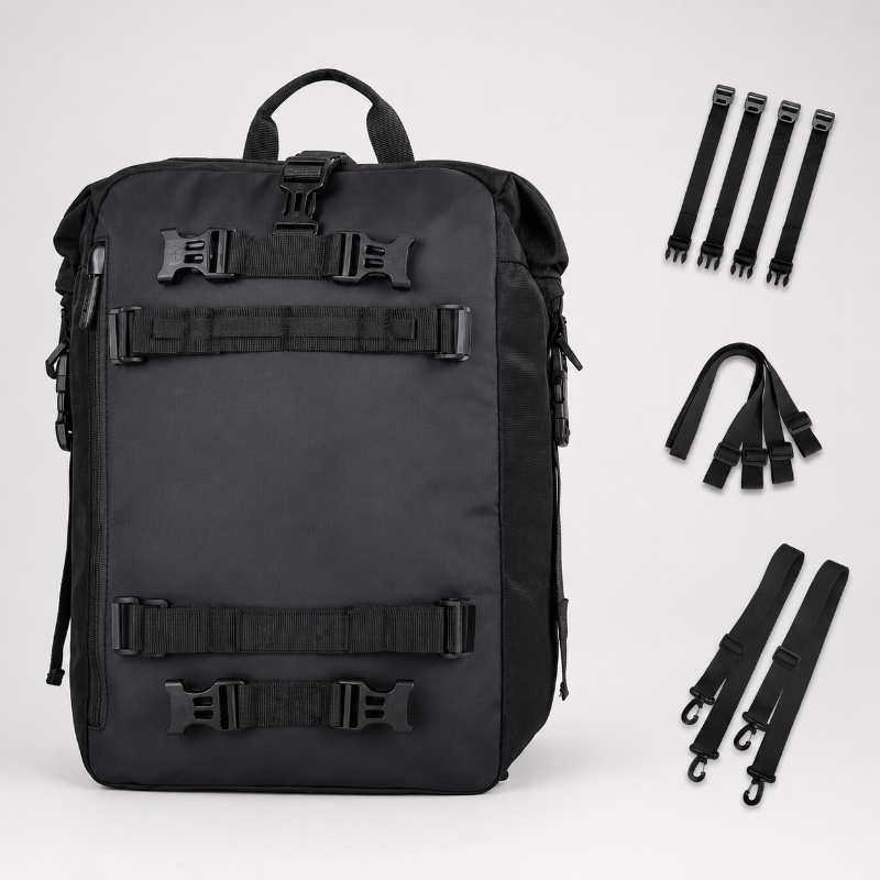 A black backpack shown on a light gray studio background with multiple black strap accessories arranged to the right. The backpack has multiple adjustable buckle straps across the front and side pockets.