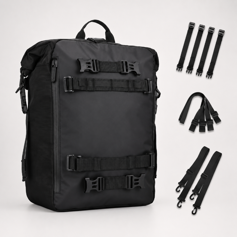A black backpack shown on a light gray studio background with multiple black strap accessories arranged to the right. The backpack has a top handle, front zip closure, and three horizontal strap systems with quick-release buckles on the front.