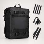 A black backpack shown on a light gray studio background with multiple black strap accessories arranged to the right. The backpack has a top handle, front zip closure, and three horizontal strap systems with quick-release buckles on the front.