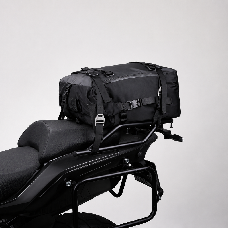 A black motorcycle luggage bag mounted on the rear rack of a black motorcycle, photographed against a plain light gray studio background.