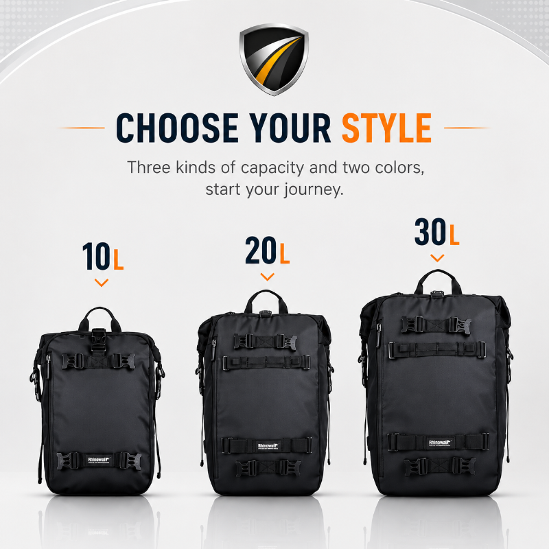 Three black backpacks shown in different sizes labeled 10L, 20L, and 30L under the heading 'CHOOSE YOUR STYLE' with a shield logo above.