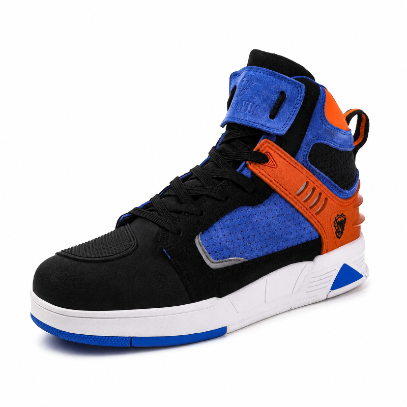 A high-top sneaker in black, blue, and orange, featuring a black suede and mesh upper, blue perforated side panels, an orange side strap, a white midsole, and blue accents on the outsole.