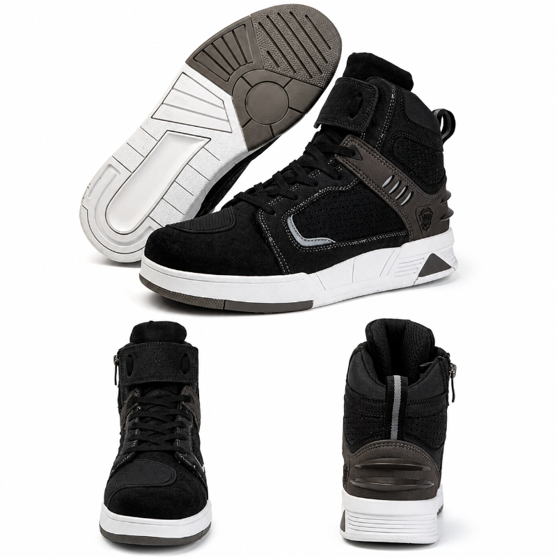 Three views of a black high-top sneaker with white and gray midsoles, showing the side, sole, front, and back on a white background.