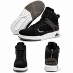 Three views of a black high-top sneaker with white and gray midsoles, showing the side, sole, front, and back on a white background.