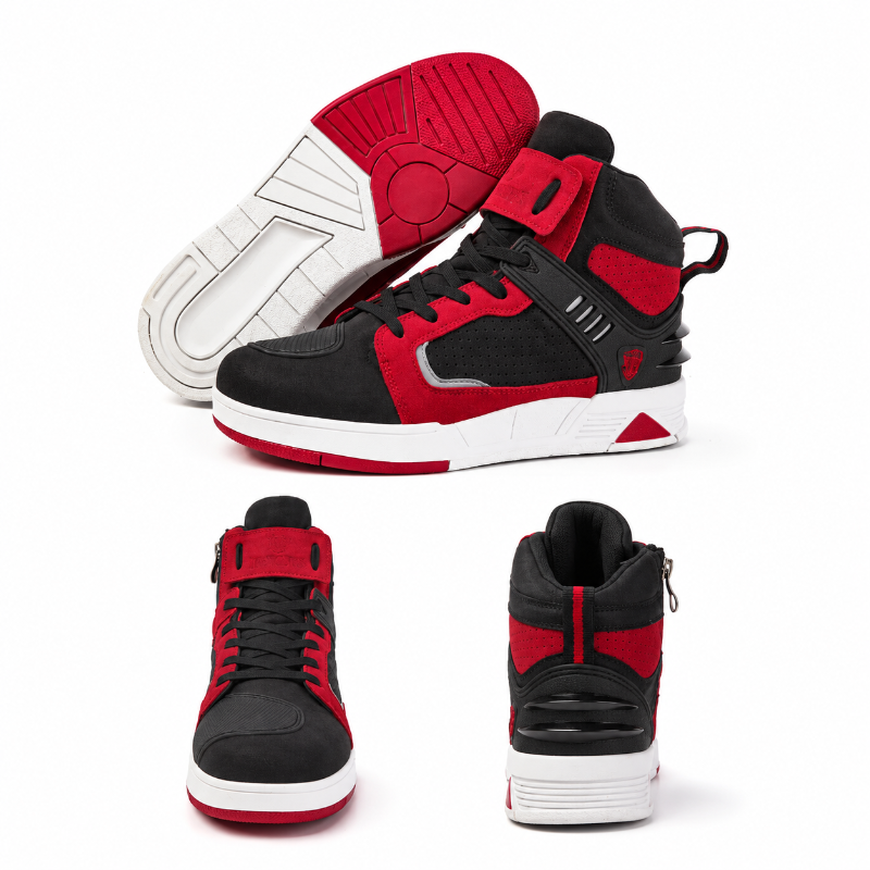 Three views of a high-top sneaker in black and red with a white sole, shown on a plain white background.