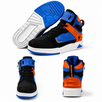 Three views of a high-top sneaker on a white background: a top view showing the side profile, a bottom view showing the front, and a rear view showing the heel. The shoe is primarily black with bright blue panels and white midsoles, plus orange accents on the side and heel.