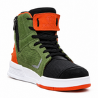 A high-top sneaker with an olive green suede upper, black mesh panels, black laces, a black ankle collar, a white midsole, and bright orange accents on the tongue, heel, and outsole.