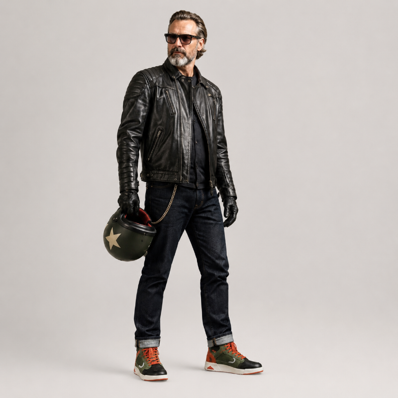 A man wearing a black leather jacket, dark jeans, black gloves, and sunglasses holds a black helmet with a white star on the left hand, standing against a light gray studio background.