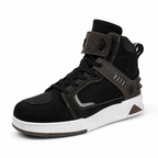 A high-top sneaker in black suede and mesh with dark brown accents, a white midsole, and a small brown heel detail, shown from a three-quarters angle on a white background.