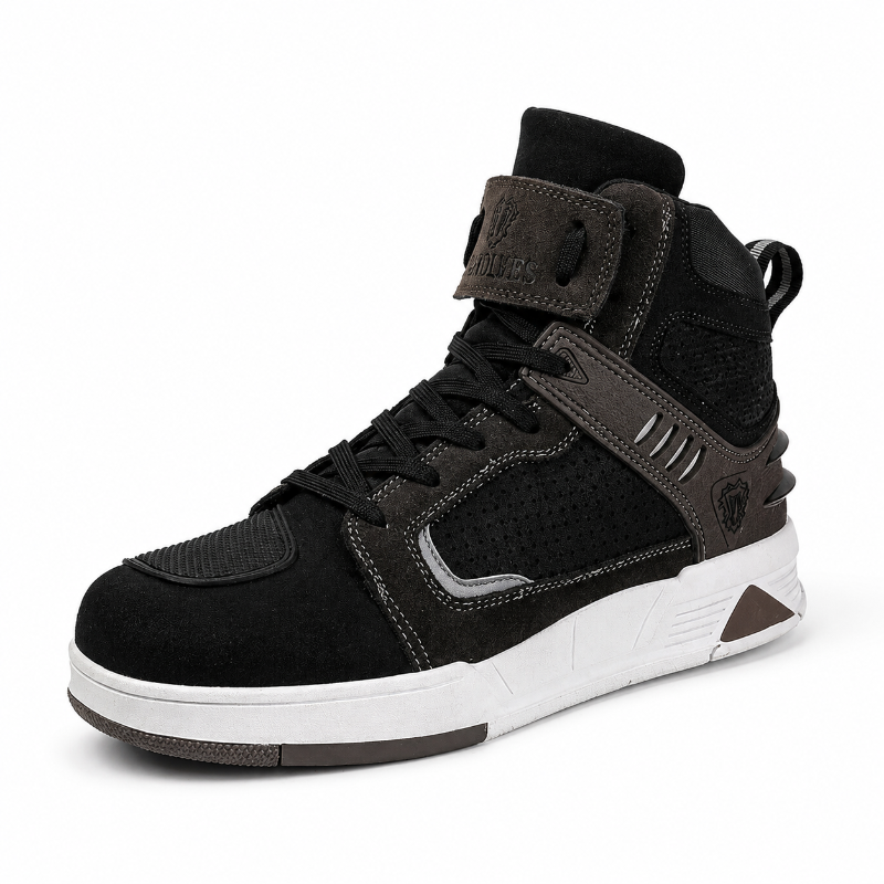 A high-top sneaker in black suede and mesh with dark brown accents, a white midsole, and a small brown heel detail, shown from a three-quarters angle on a white background.