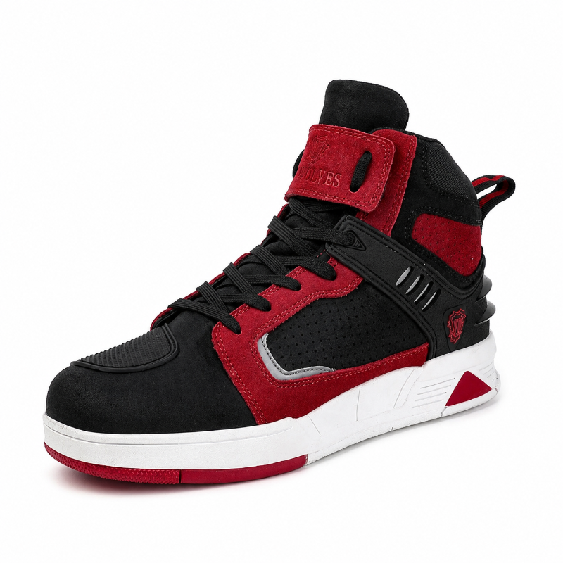 A high-top sneaker in black and red suede and mesh, featuring a white midsole with red accents, shown from a three-quarters angle on a white background.