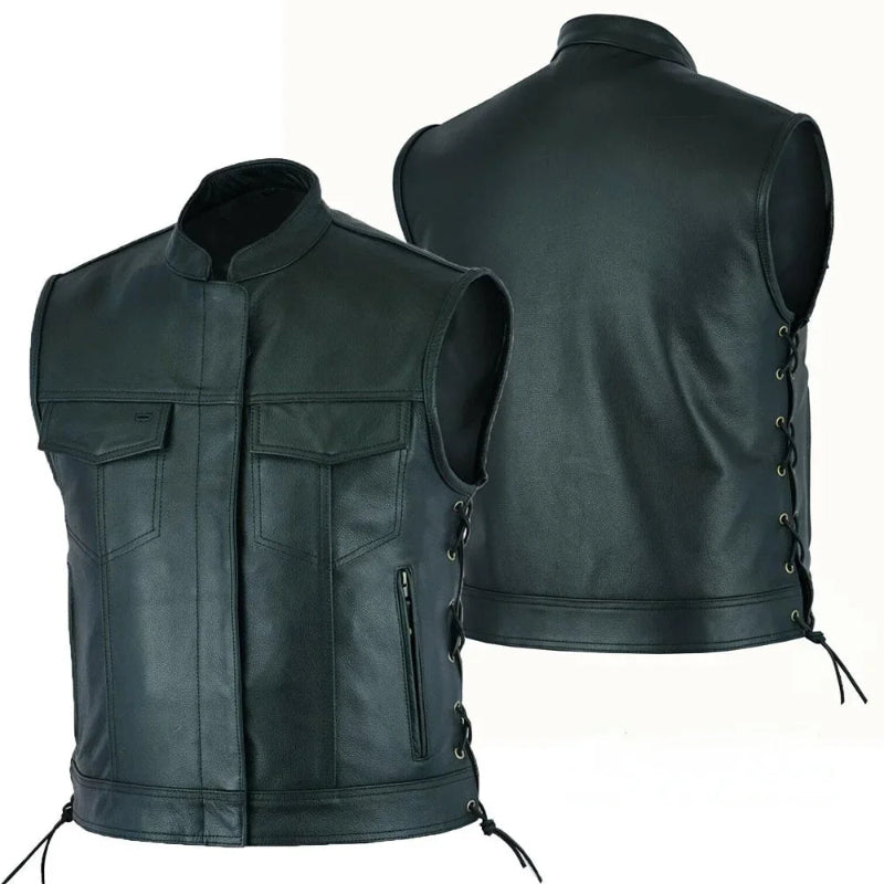 Black leather vest shown from front and back on a white background