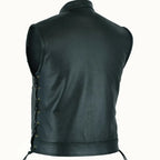 Black leather vest with lace-up front on a white background
