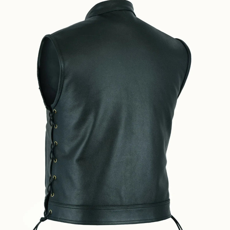 Black leather vest with lace-up front on a white background