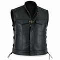 Black leather motorcycle vest with gold-tone hardware, front zipper, chest pockets, and side laces, shown on a plain white background.