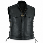 Black leather motorcycle vest with gold-tone hardware, front zipper, chest pockets, and side laces, shown on a plain white background.