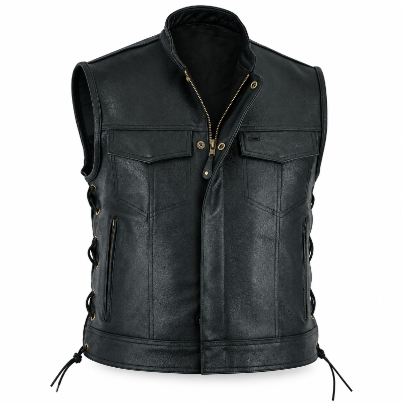 Black leather motorcycle vest with gold-tone hardware, front zipper, chest pockets, and side laces, shown on a plain white background.