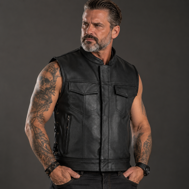A muscular man with tattoos and a beard wearing a black leather motorcycle vest, standing against a dark gray studio background.