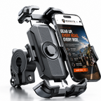A black bicycle phone mount with a smartphone inserted, shown on a clean white background. The phone screen displays a ride-share advertisement.