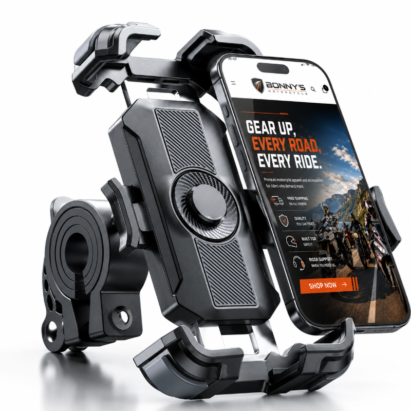 A black bicycle phone mount with a smartphone inserted, shown on a clean white background. The phone screen displays a ride-share advertisement.