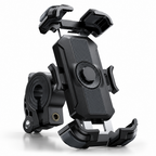 A black adjustable smartphone mount with a circular textured center and side clamps, shown on a clean white background.