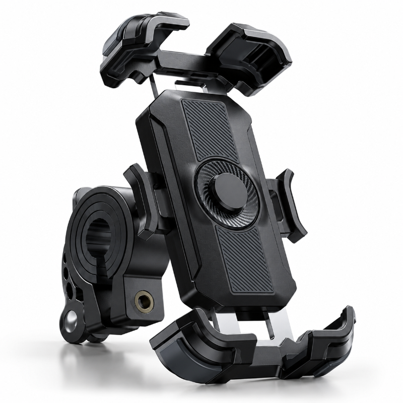 A black adjustable smartphone mount with a circular textured center and side clamps, shown on a clean white background.