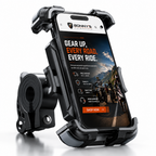 A black bicycle phone mount holding a smartphone, shown on a clean white background. The phone screen displays a website banner for 'Bonny's Bicycles'.