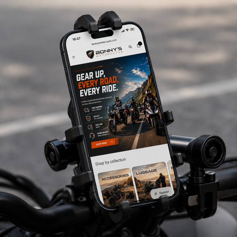 A black smartphone mount attached to a bicycle handlebar, holding a phone displaying a website mockup for Bonny's Motorcycle.