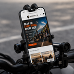 A black smartphone mount attached to a bicycle handlebar, holding a phone displaying a website mockup for Bonny's Motorcycle.