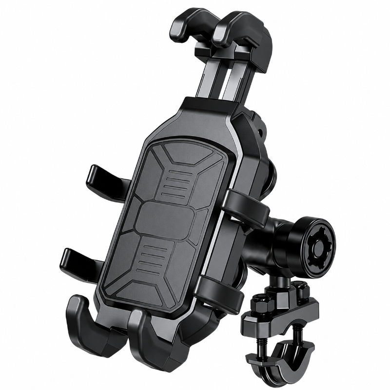 A black adjustable smartphone car mount with a clamp base, shown on a plain white background.